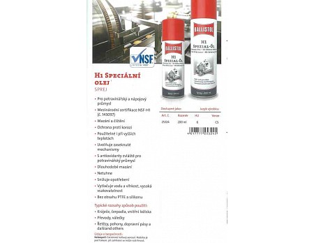 H1 Speciální olej Sprej, 200 ml 25324 NSF-Registrated No.143097 BALLISTOL(25310)